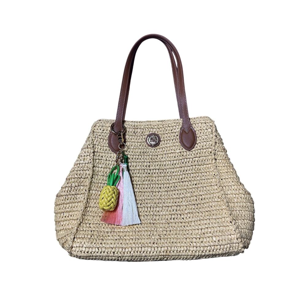 Dune London Devotedly Raffia Satchel with Pineapple & Tassel Purse Charm